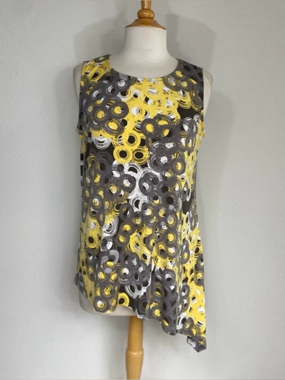 Alfani Womens Petite Yellow Gray Abstract Print Sleeveless Asymetrical Blouse LP